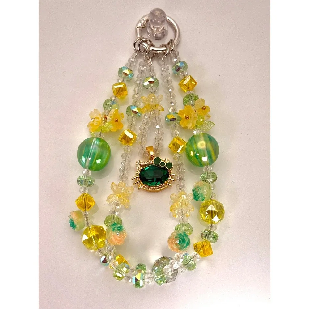 Green Cat Phone Wristlet Charm Beaded Crystal Floral Pearl Purse Bag‎ Keychain